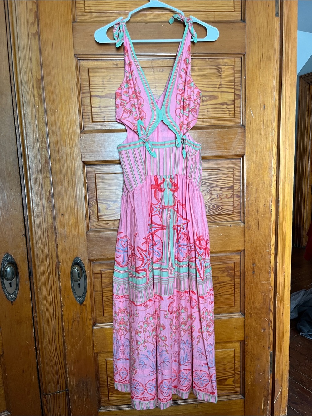 FARM Rio Pink Floral Tie-Shoulder Maxi Dress with Mint Trim